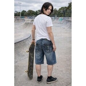 Vintage Blac Label Men's Denim Shorts Studded Pockets Baggy Grunge Goth Studded